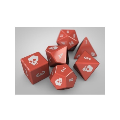 dados vermelhos com números brancos e ícones de caveira