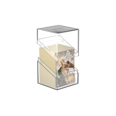 Expositor acrílico transparente com caixas botânicas beige e verde