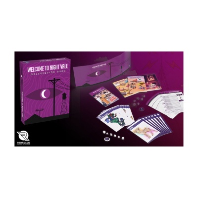 Jogo de tabuleiro Welcome to Night Vale com caixa roxa e cartas em fundo roxo