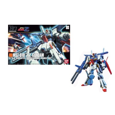 Kit de montagem MSZ-010 ZZ GUNDAM com caixa ilustrada e figura do robot transformável azul, branco, vermelho e amarelo.
