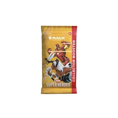Pacote de cartas Magic: The Gathering Marvel Super Heroes amarelo com ilustração de personagens e texto