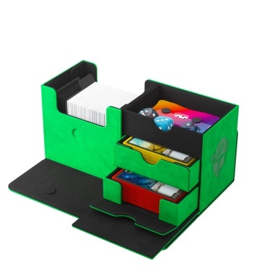 Organizador verde para cartas e acessórios de jogos de tabuleiro com dados e cartas.