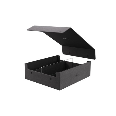 Caixa organizadora preta com tampa e divisória interna