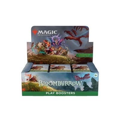 Expositor de 'Bloomburrow Play Boosters' para Magic The Gathering com personagens de fantasia