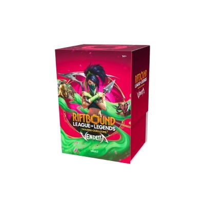 Caixa do jogo de cartas colecionáveis League of Legends Vendetta com fundo vermelho e ilustração de personagens animados