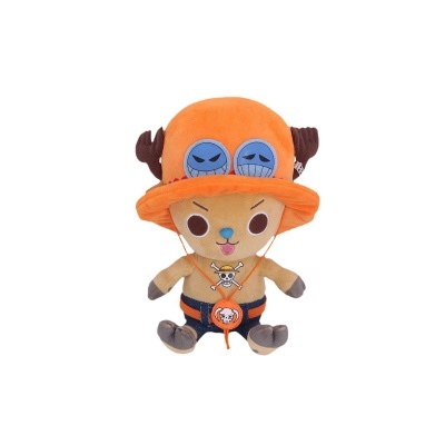 Pelúcia de personagem com chapéu laranja e olhos azuis desenhados