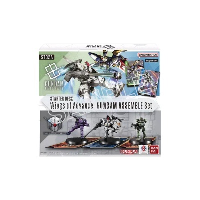 Embalagem do conjunto Gundam Assemble Set Starter Deck Wings of Advance com miniaturas