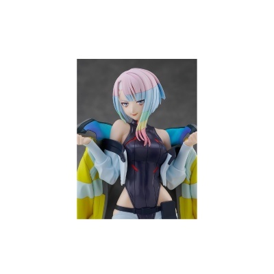 Figura colecionável de personagem anime com cabelo multicolorido e casaco amarelo