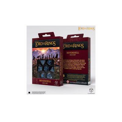 Conjunto de dados RIVENDELL DICE SET de THE LORD OF THE RINGS com caixa vermelha e ilustrada