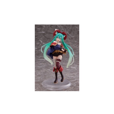 Figura colecionável feminina com cabelo verde água e roupa colorida sobre base transparente