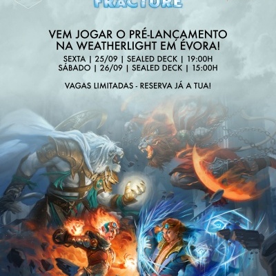 Cartaz de pré-lançamento do jogo Magic: The Gathering com texto em português e ilustração de personagens fantásticos em combate.