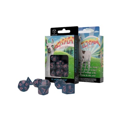 Conjunto de dados LLAMA DICE SET com lhama e paisagem colorida na embalagem