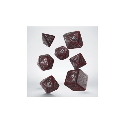 Conjunto de dados de RPG castanhos escuros com números em branco e desenhos de dragões