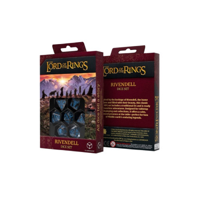 Conjunto de dados Rivendell do Senhor dos Anéis em caixa vermelha com dados azuis