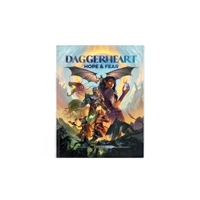 Capa de livro DAGGERHEART HOPE & FEAR com ilustrações de personagens e criaturas fantásticas em fundo de céu e montanhas