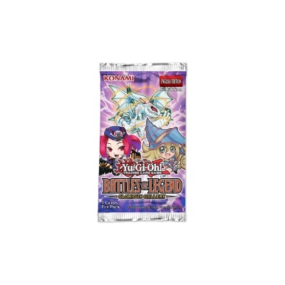 Pacote de cartas Yu-Gi-Oh! Battles of Legend Glorious Gallery da Konami com personagens anime e dragão branco, texto em inglês e fundo roxo.