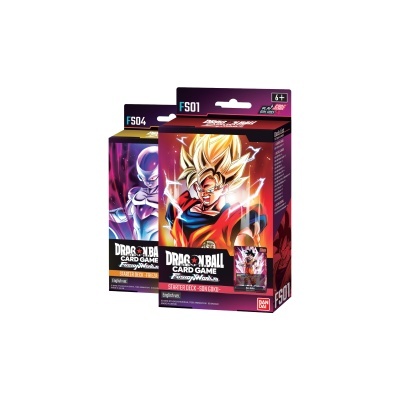 Caixas do jogo Dragon Ball Card Game com personagens ilustrados e códigos FS01 e FS04
