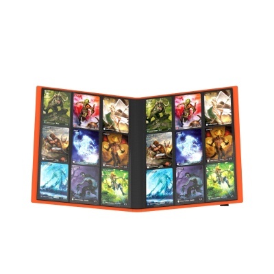 Porta-cartões laranja com cartas de jogos coloridas organizadas