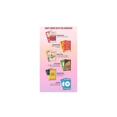 Cartas de jogo coloridas dispostas, com texto em inglês e fundo rosa