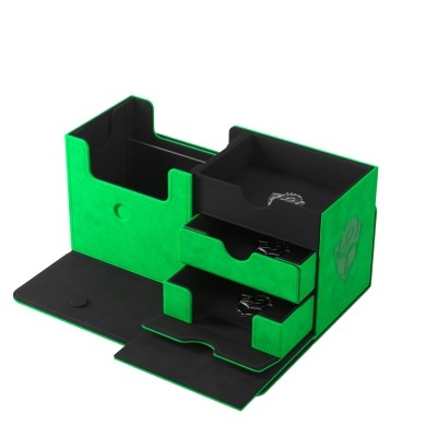 Organizador de cartas verde com interior preto e gavetas