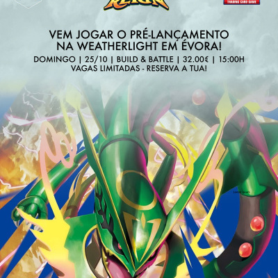 Imagem promocional Pokémon Trading Card Game Mega Evolution Delta Reign com anúncio de pré-lançamento em Évora.