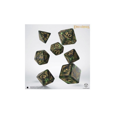Dados de jogo Lord of The Rings verdes com números dourados e símbolos decorativos