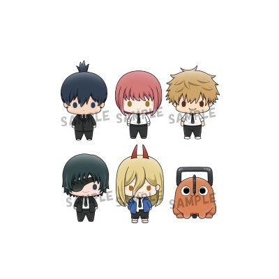 Seis figuras estilo chibi em fundo branco com texto sample cinza