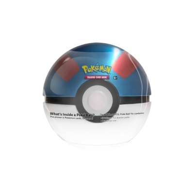 Esfera de plástico azul e branca com design de Poké Ball e texto visível