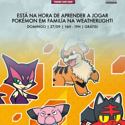 Promoção para evento gratuito de Pokémon Trading Card Game com personagens Pokémon coloridos e texto em português.