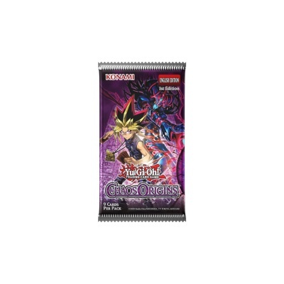 Pacote Yu-Gi-Oh! Chaos Origins com arte de personagens e texto em inglês.