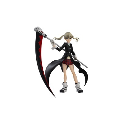 Figura colecionável de personagem anime com foice preta e vermelha.