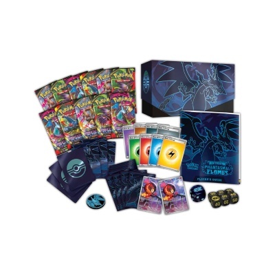 Conjunto de cartas e acessórios do Pokémon Trading Card Game no tema Mega Evolution Phantasmal Flames.