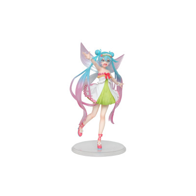 Figura anime fada de cabelo azul e vestido branco e verde com asas cor-de-rosa