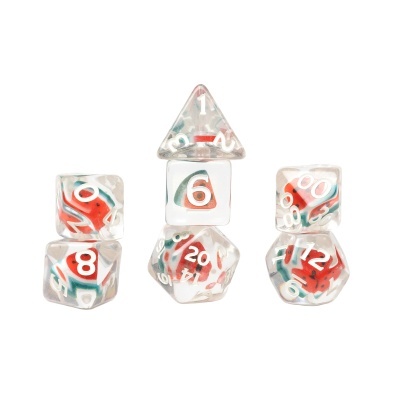 Conjunto de dados transparentes para jogos com números brancos e padrões vermelhos e verdes