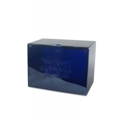 Caixa retangular azul escura com relevo e inscrição no centro