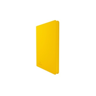 Capa amarela rígida com textura lisa e cantos arredondados