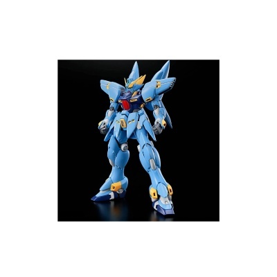 Action figure de robô azul futurista com detalhes amarelos e vermelhos