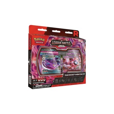 Pack de cartas Pokémon League Battle Deck Team Rockets Mewtwo ex caixa vermelha e roxa