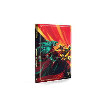 Livro de fantasia com dragão e personagens em combate na capa, título HOPE & FEAR no lombo.