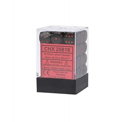 Pack de 36 dados opacos pretos com pontos vermelhos em caixa transparente