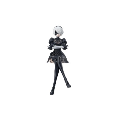 Figura colecionável feminina com vestido preto e cabelo branco.