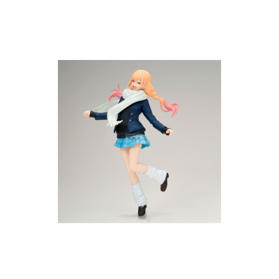 Figura colecionável de personagem feminina com casaco azul, saia azul e cachecol branco em fundo cinzento