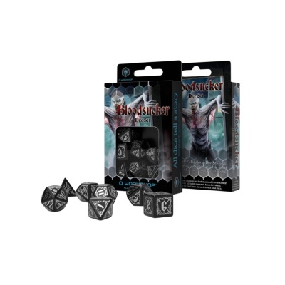Conjunto de dados Bloodsucker pretos com números brancos e embalagem com ilustração de vampiro