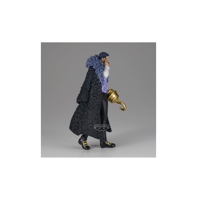 Figura de ação masculina com casaco preto e gola azul, colete roxo, calças pretas e gancho dourado