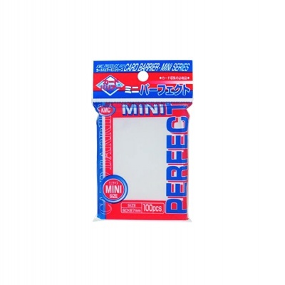 Embalagem de protetores para cartas MINI em azul, vermelho e branco com texto em inglês e japonês