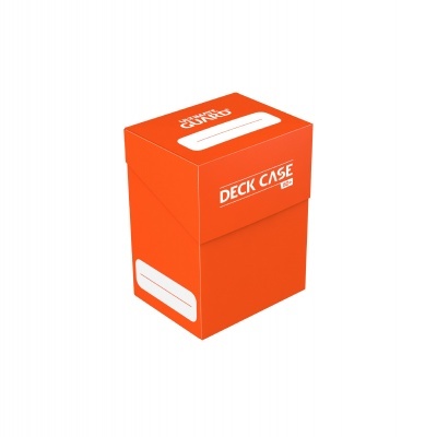 Caixa laranja para cartas de jogo com texto branco