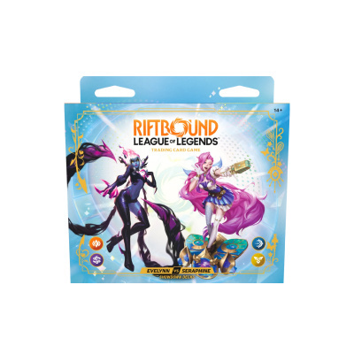 Embalagem do jogo de cartas Riftbound League of Legends com arte de personagens e texto