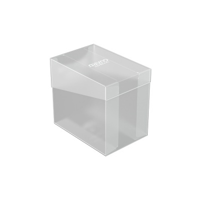 Caixa de plástico transparente com tampa com texto 'QWITED PREMIUM'