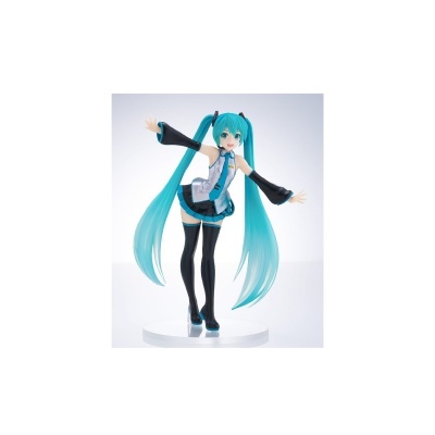 Figura de personagem anime com cabelo azul-turquesa e roupa preta e cinzenta em base branca