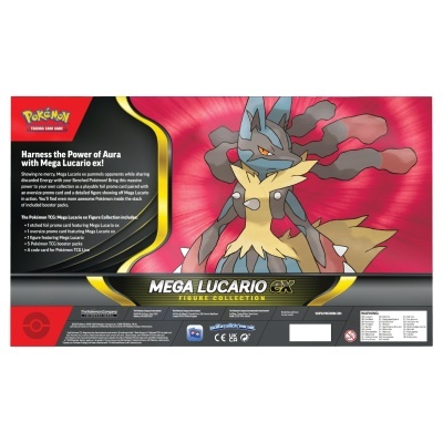 Embalagem do Pokémon Mega Lucario ex com arte vermelha, preta e amarela